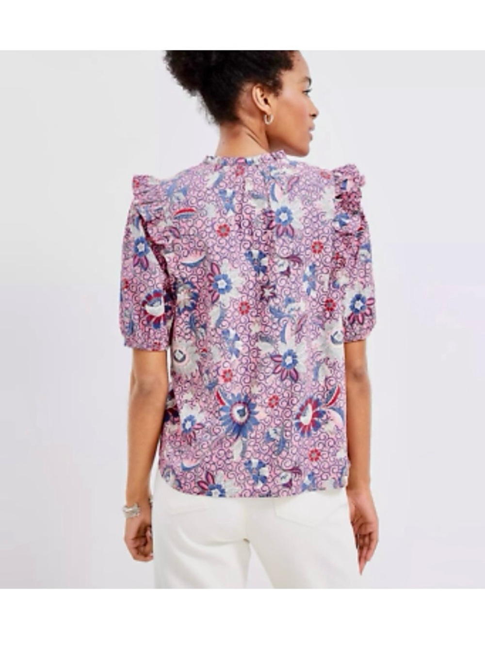Ann Taylor LOFT Strawberry Pink Ruffled Puff Sleeve Floral Blouse. - Picture 2 of 11